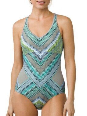 Prana Size M Dreaming One Piece Swimsuit Blue Green Geometric Beach Strappy Gray